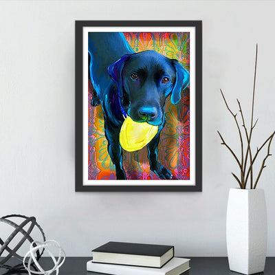 Chien Labrador Noir Jouant au Frisbee Broderie Diamant