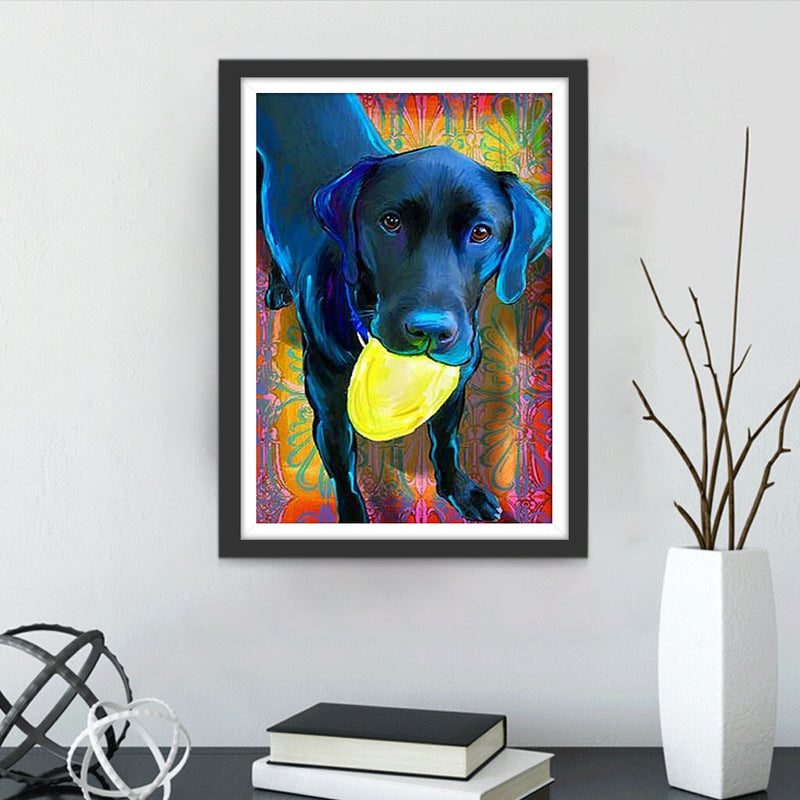 Chien Labrador Noir Jouant au Frisbee Broderie Diamant