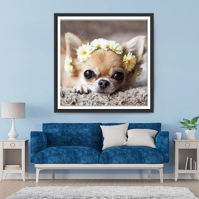 Chien Chihuahua avec Couronne de Fleurs Broderie Diamant