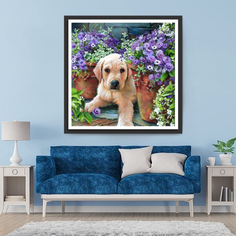 Chiot Golden Retriever et Marguerites Violettes Broderie Diamant