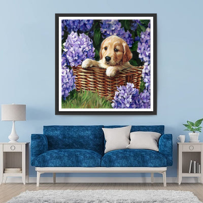 Chien Golden Retriever et les Hortensias Violets Broderie Diamant