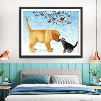 Chiot Golden Retriever et Chaton sur la Neige Broderie Diamant