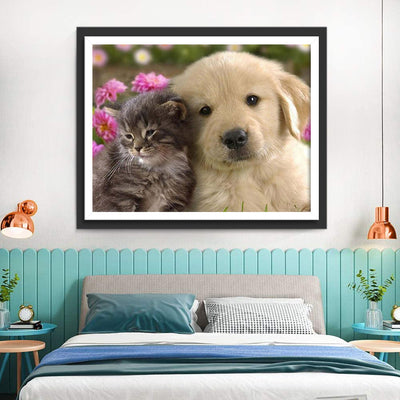 Mignons Chiot Golden Retriever et Chaton Broderie Diamant