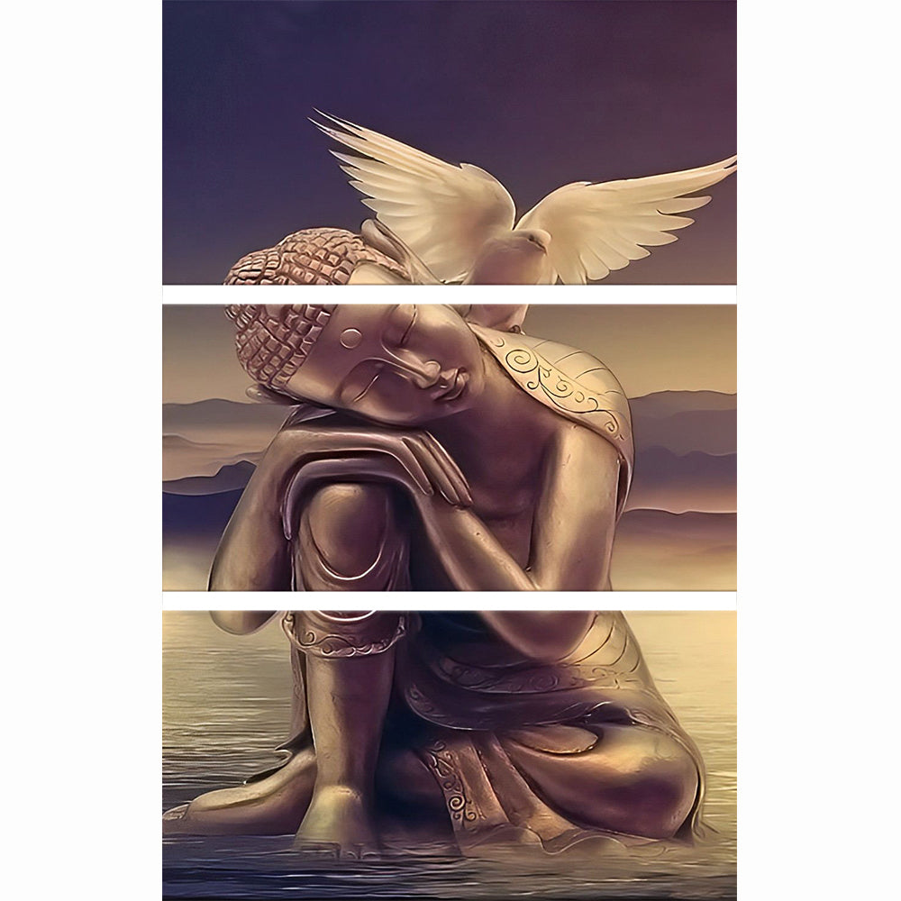 Statue de Bouddha et Pigeon Blanc 3 Partie Broderie Diamant