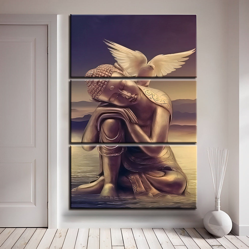 Statue de Bouddha et Pigeon Blanc 3 Partie Broderie Diamant