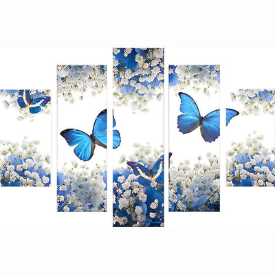 Papillons Bleus et Fleurs Blanches 5 Partie Broderie Diamant