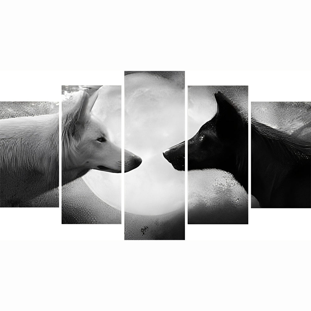 Loup Blanc et Loup Noir avec une Lune Claire 5 Partie Broderie Diamant