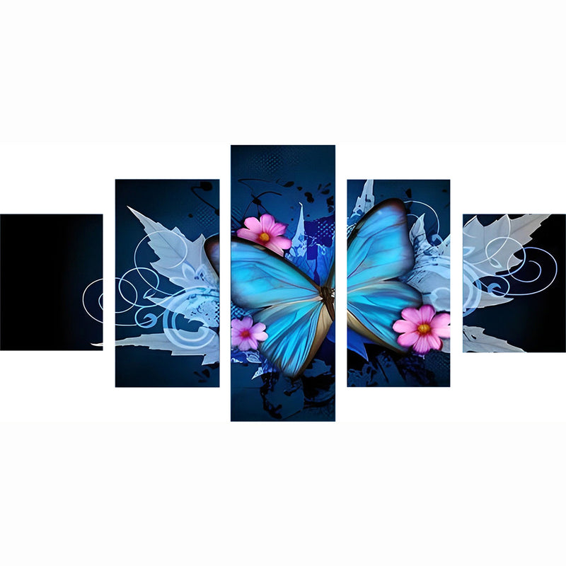 Papillon Bleu et Fleurs Roses 5 Partie Broderie Diamant