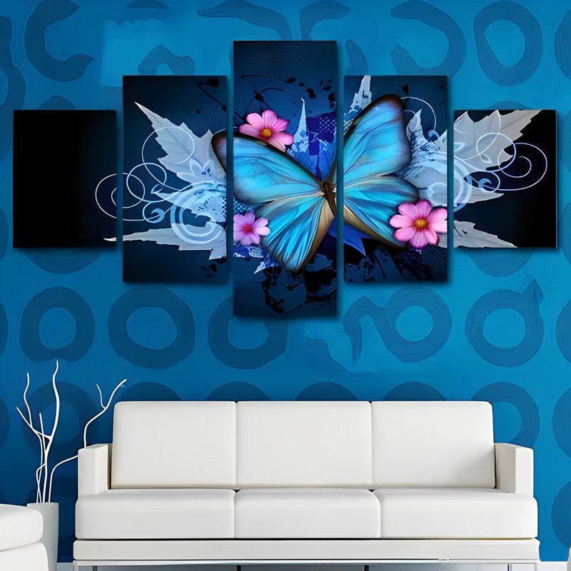 Papillon Bleu et Fleurs Roses 5 Partie Broderie Diamant