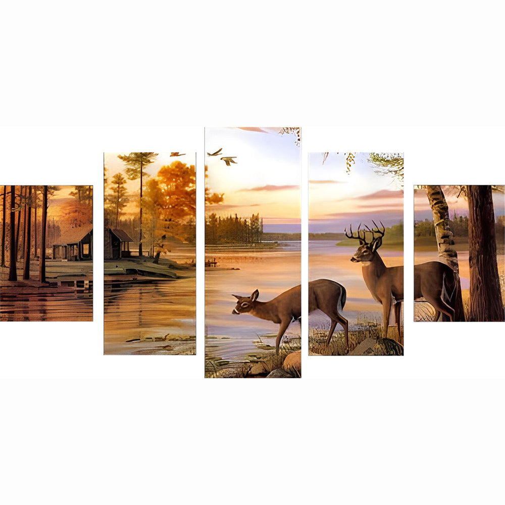 Couple de Cerfs au Bord de la Rivière 5 Partie Broderie Diamant