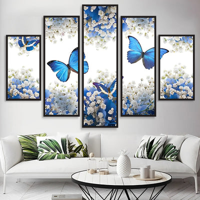 Papillons Bleus et Fleurs Blanches 5 Partie Broderie Diamant