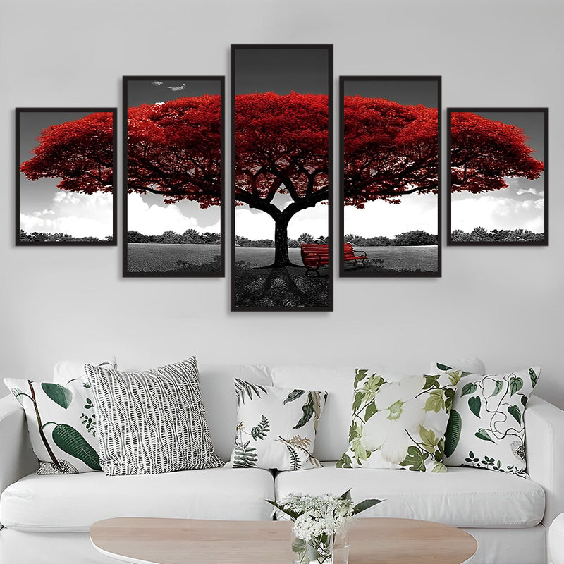 Arbre et Banc Rouges 5 Partie Broderie Diamant