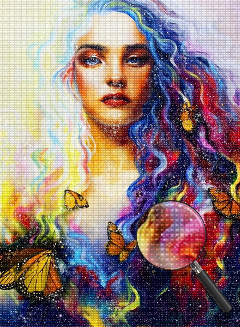 Femme aux Cheveux Multicolores et Papillons Broderie Diamant