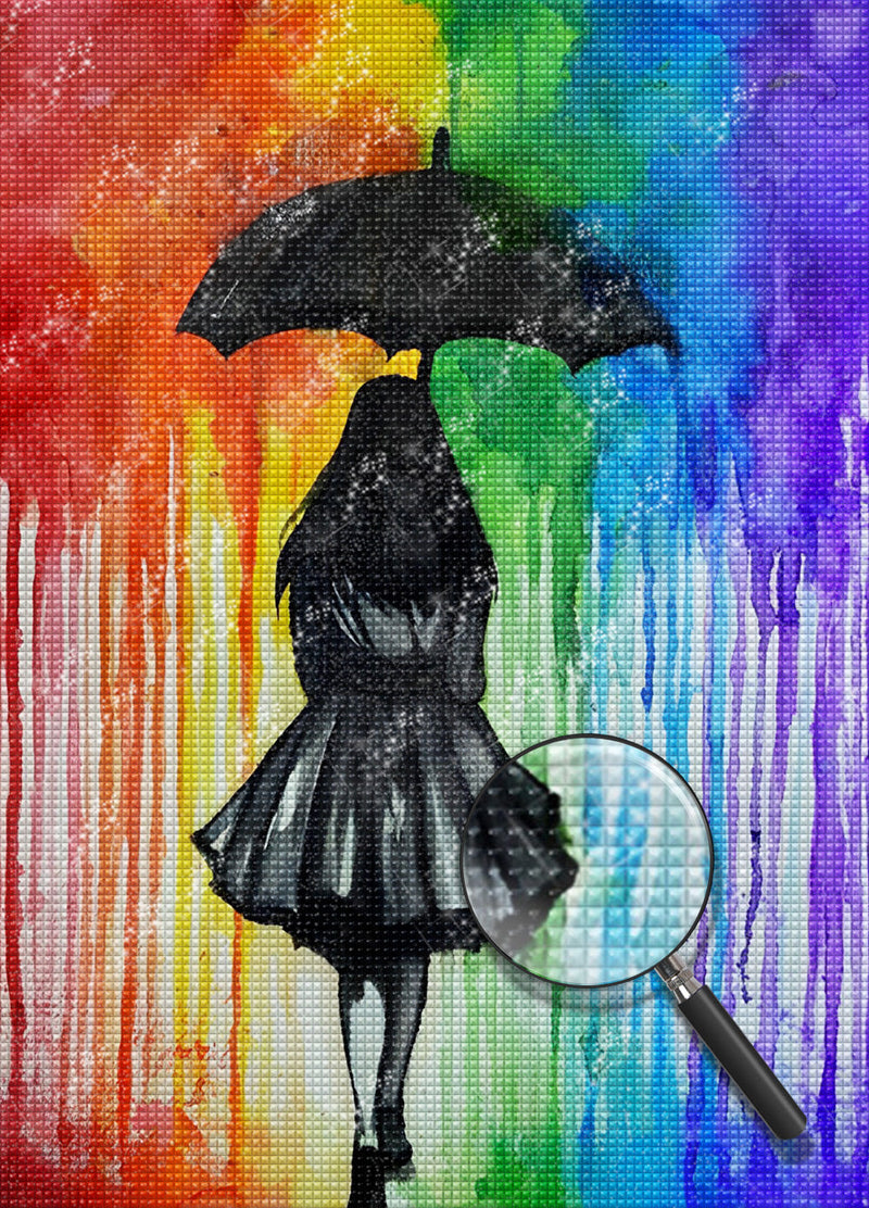 Fille avec un Parapluie et la Pluie Multicolore Broderie Diamant