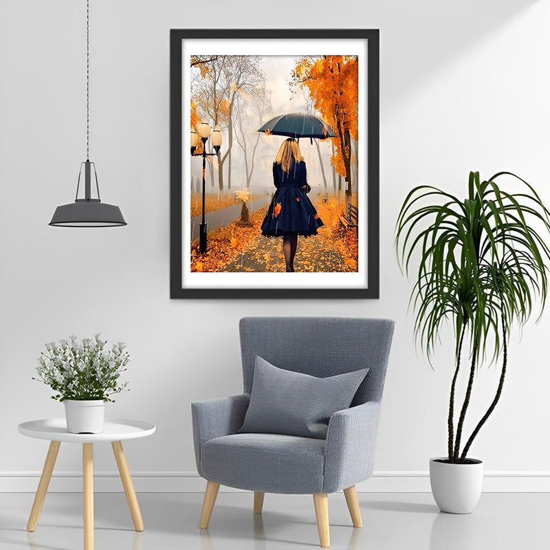 Femme en Noir avec un Parapluie en Automne Broderie Diamant
