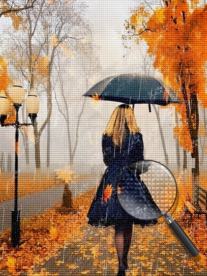 Femme en Noir avec un Parapluie en Automne Broderie Diamant