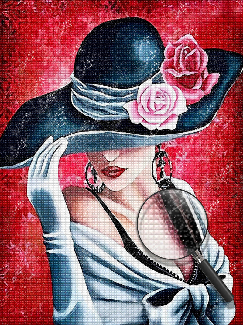 Femme Elégante avec un Chapeau de Rose Broderie Diamant