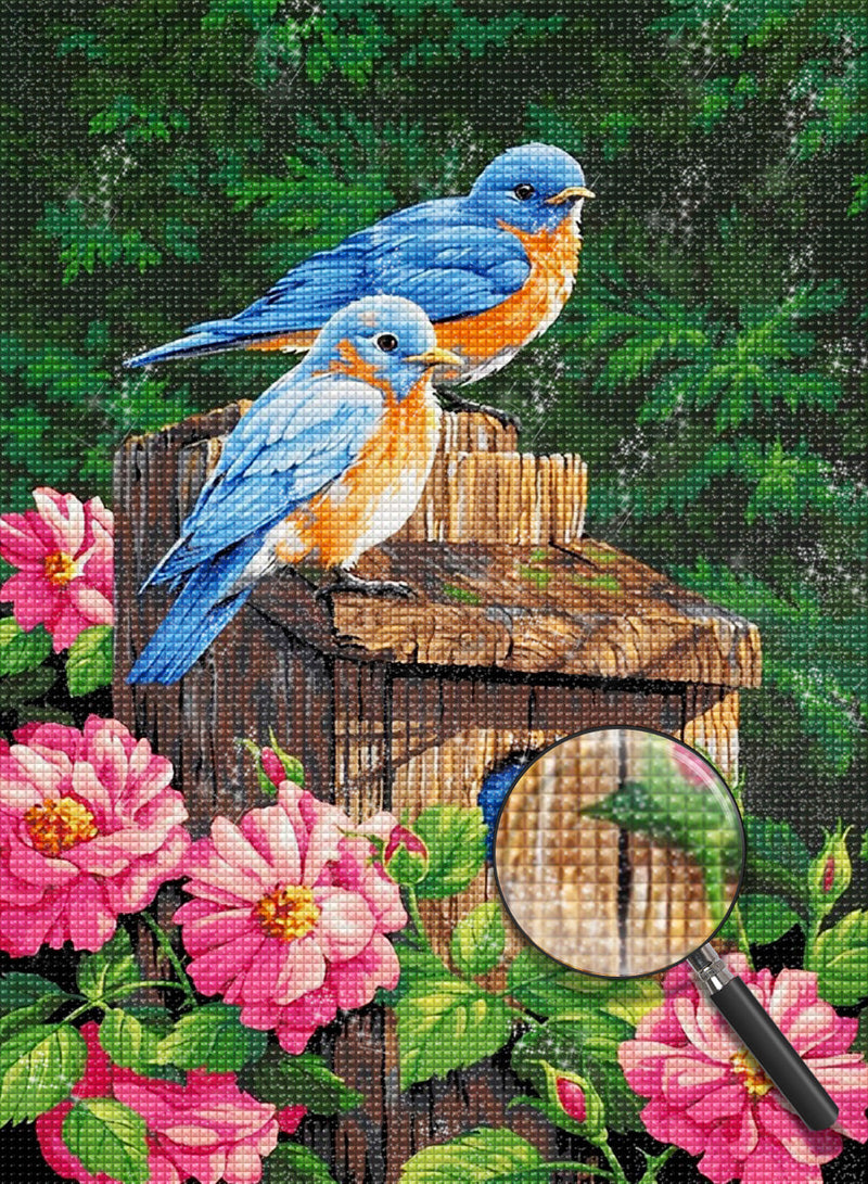 Oiseaux Bleu et Nid avec des Fleurs Roses Broderie Diamant