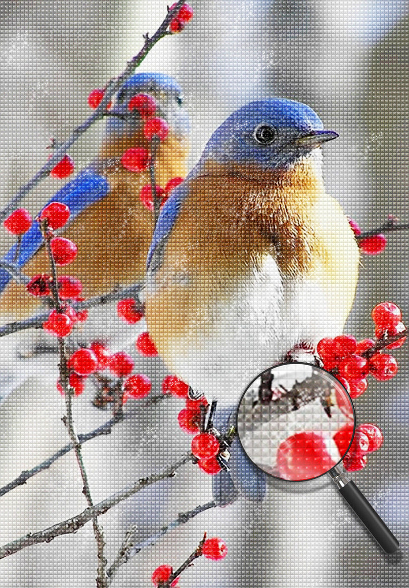 Beaux Oiseaux et Fruits Rouges Broderie Diamant