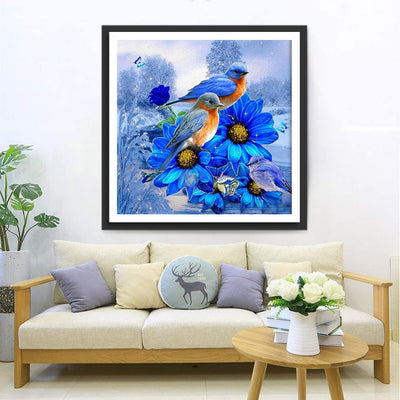 Oiseaux Bleus et Oranges et Fleurs Bleues Broderie Diamant