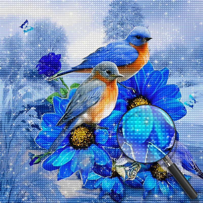 Oiseaux Bleus et Oranges et Fleurs Bleues Broderie Diamant