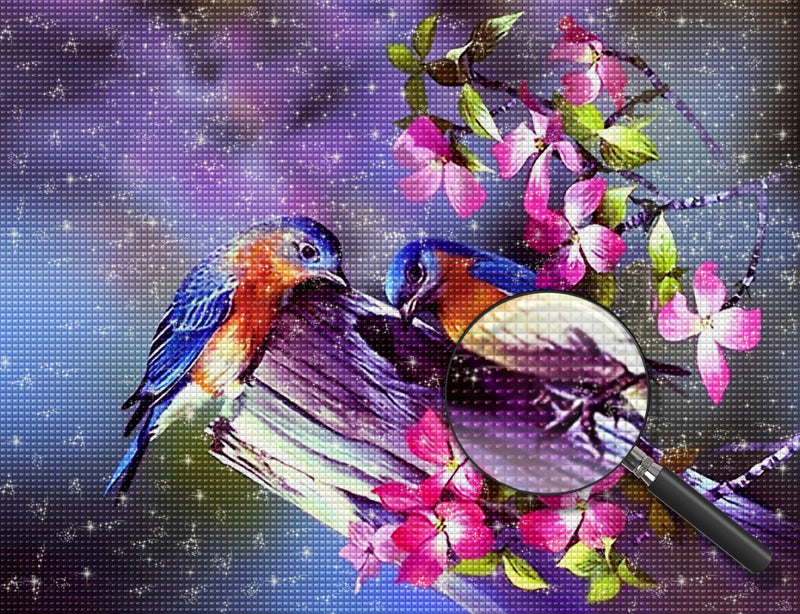 Deux Oiseaux et Petites Fleurs Roses Broderie Diamant