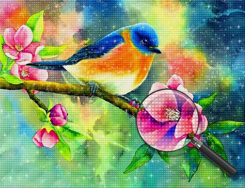 Oiseau Bleu et Roux avec des Fleurs Roses Broderie Diamant