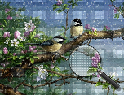 Oiseaux et Fleurs Blanches et Roses Broderie Diamant