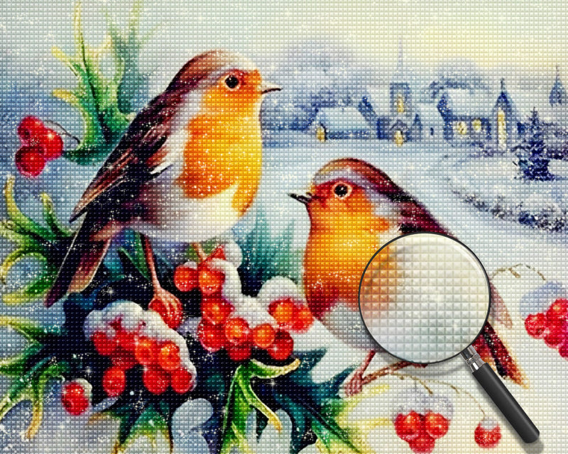 Oiseaux Marrons et Oranges avec des Fruits Rouges Broderie Diamant