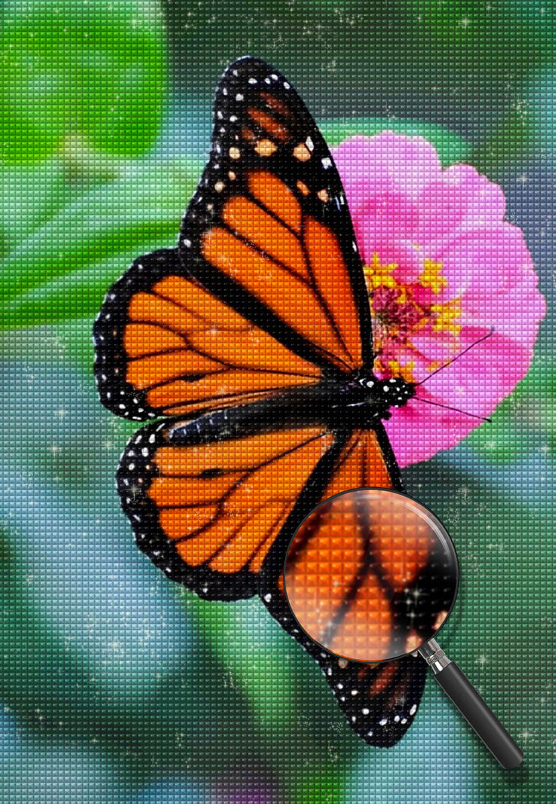 Papillon Orange et Fleurs Roses Volant Broderie Diamant