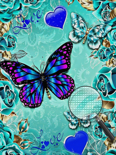Papillons et Couronne des Roses Bleues Broderie Diamant
