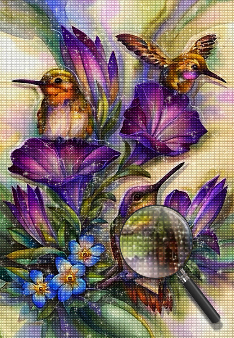 Colibris et Fleurs Violettes et Bleues Broderie Diamant