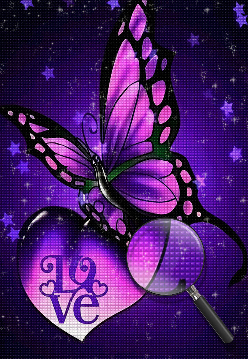 Papillon Violets et Coeur avec le Mot Love Broderie Diamant