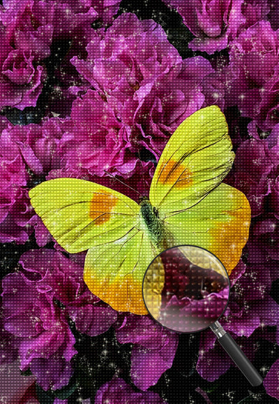 Papillon Jaune et Fleurs Roses Broderie Diamant