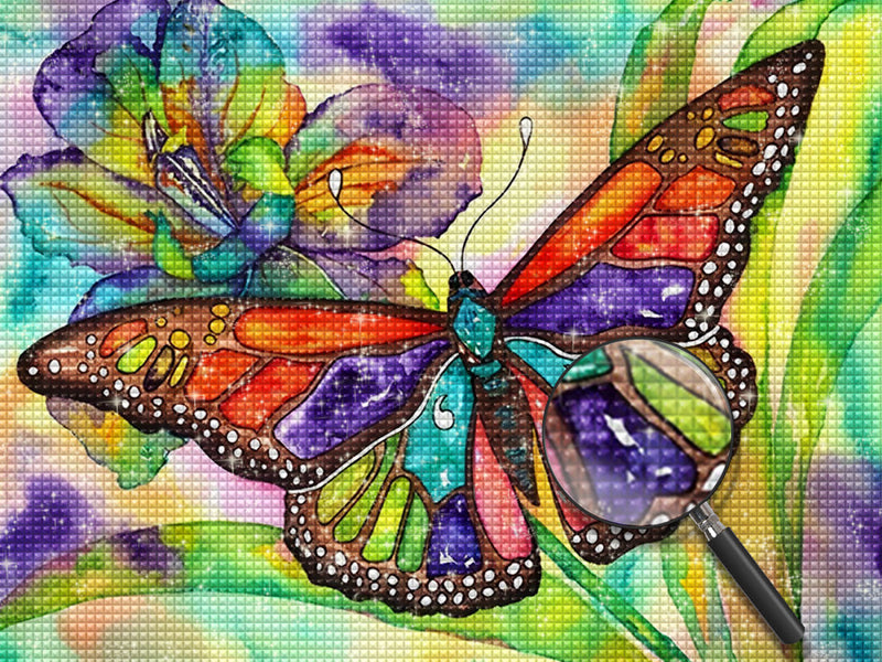 Papillon Coloré et Fleur Violette Broderie Diamant