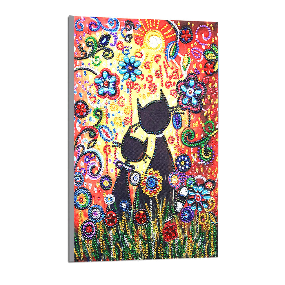 Chats Noirs Blottis dans le Monde des Feurs Forme Spéciale Broderie Diamant