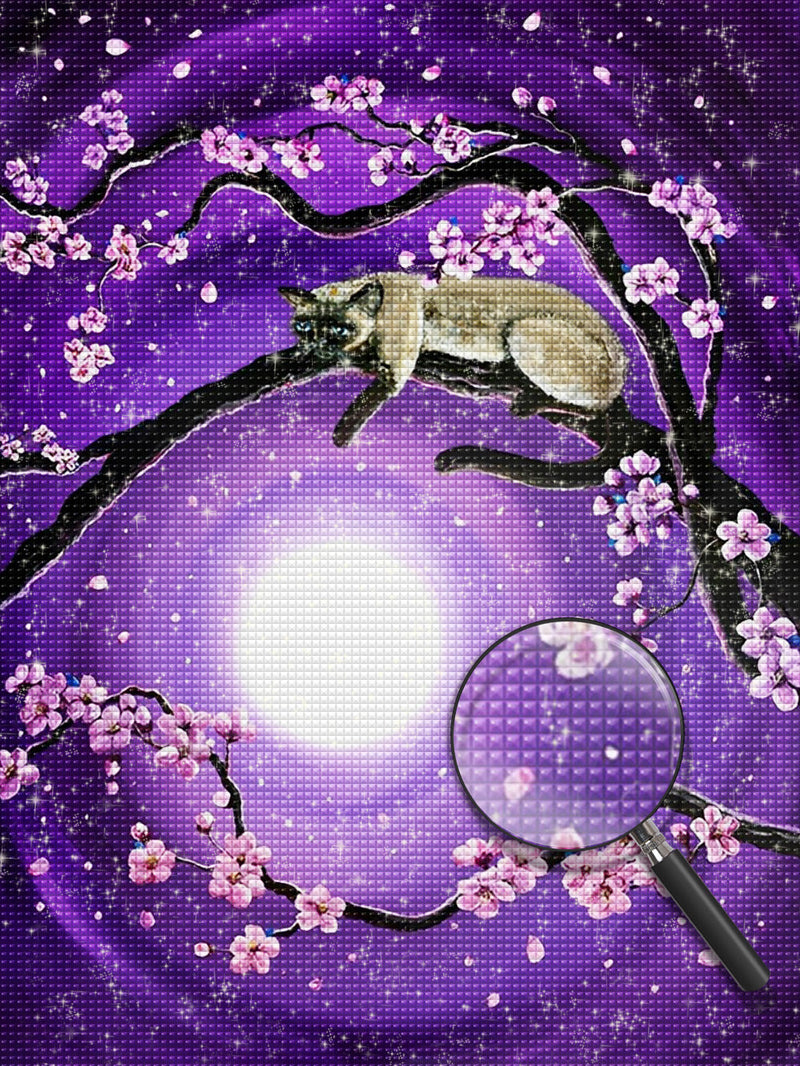 Chat Siamois et des Fleurs Violettes Broderie Diamant