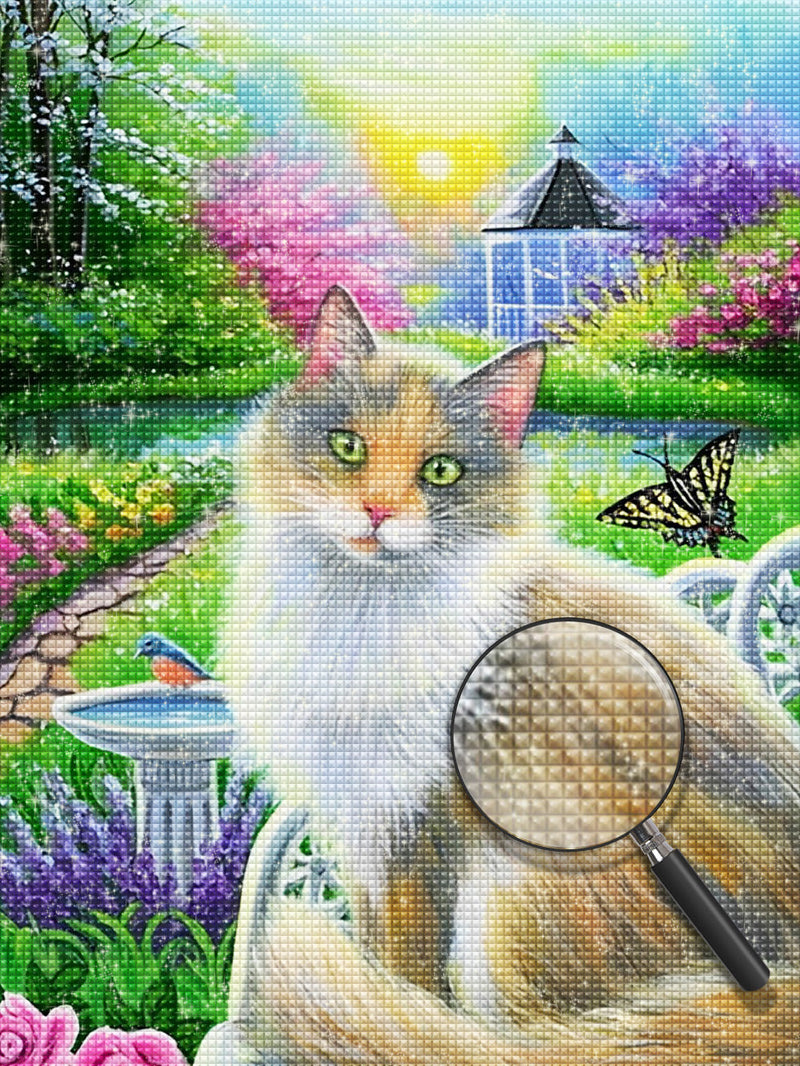 Joli Chat dans un Jardin Coloré Broderie Diamant