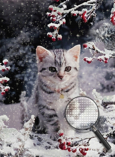 Chat dans la Neige Broderie Diamant