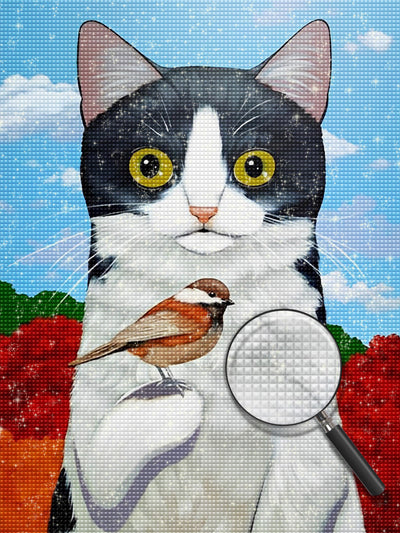 Chat Noir et Blanc avec Oiseau Broderie Diamant