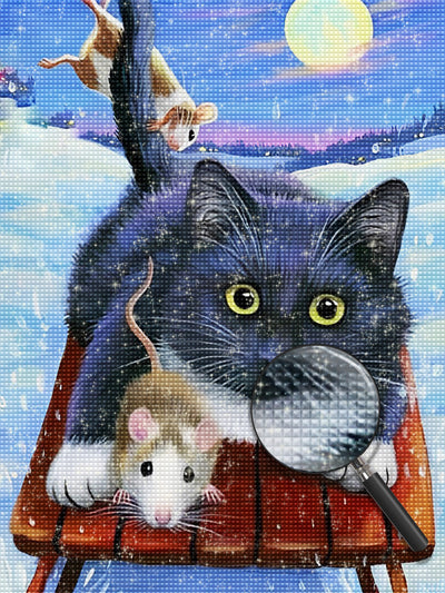 Chat et Souris avec Traineau Broderie Diamant