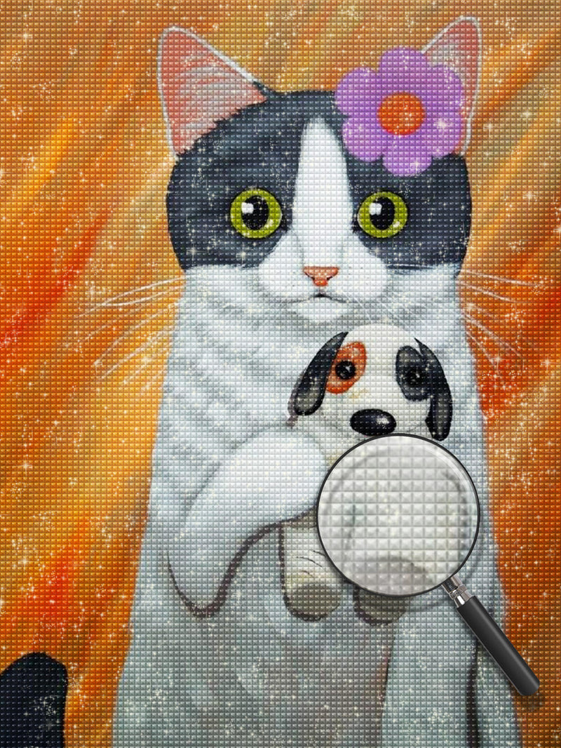 Chat Noir et Blanc avec Peluche de Chien Broderie Diamant