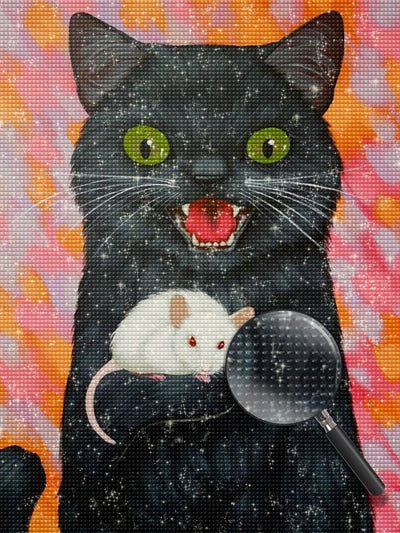 Chat Noir Féroce et Petite Souris Blanche Broderie Diamant