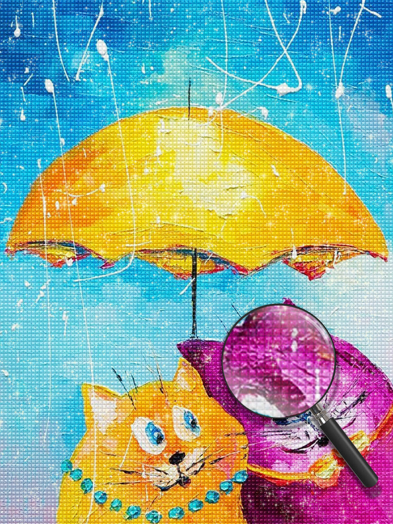 Couple de Chats Sous le Parapluie Broderie Diamant