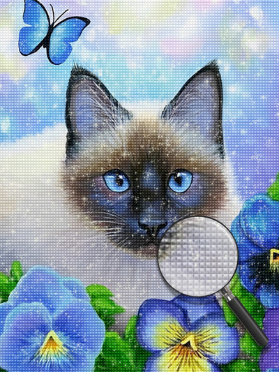 Chat Siamois et Petites Fleurs Bleues Broderie Diamant