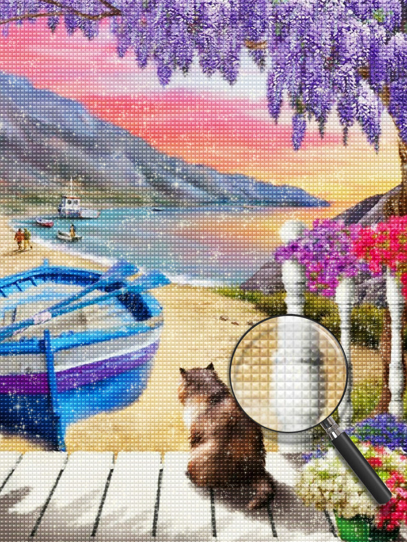 Chat et Bateau en Bois Broderie Diamant