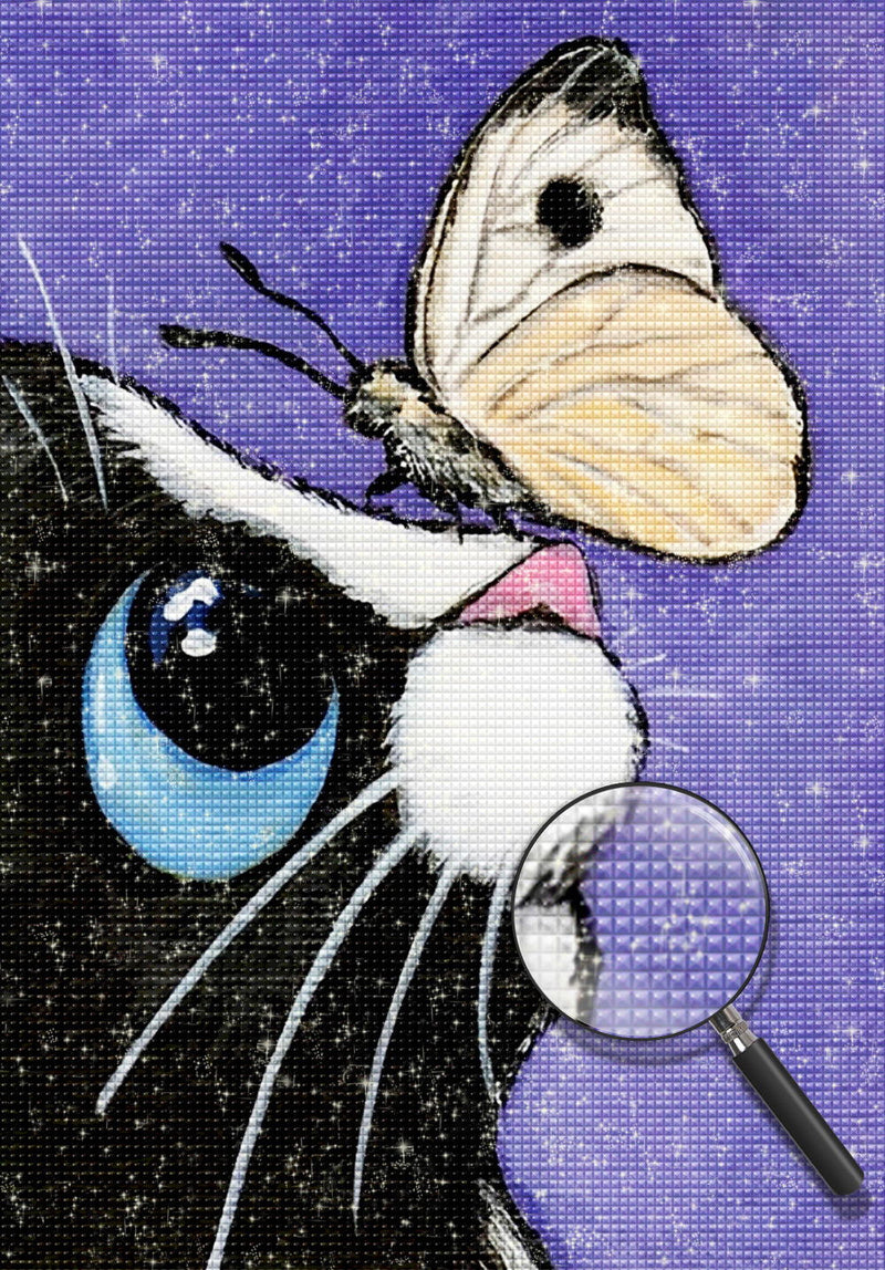 Chat Noir et Blanc avec Papillon Broderie Diamant