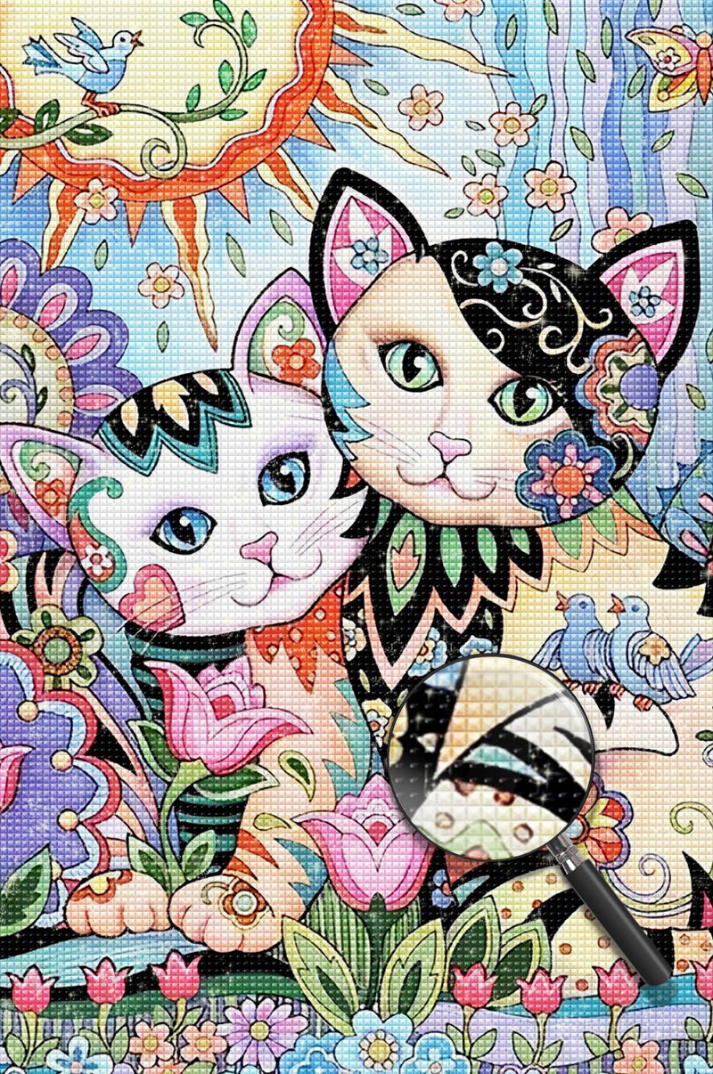 Deux Chats Dessinés et Colorés Broderie Diamant