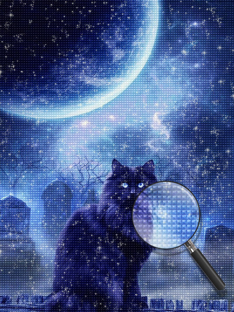 Chat Noir et Nuit de Claire Lune Broderie Diamant