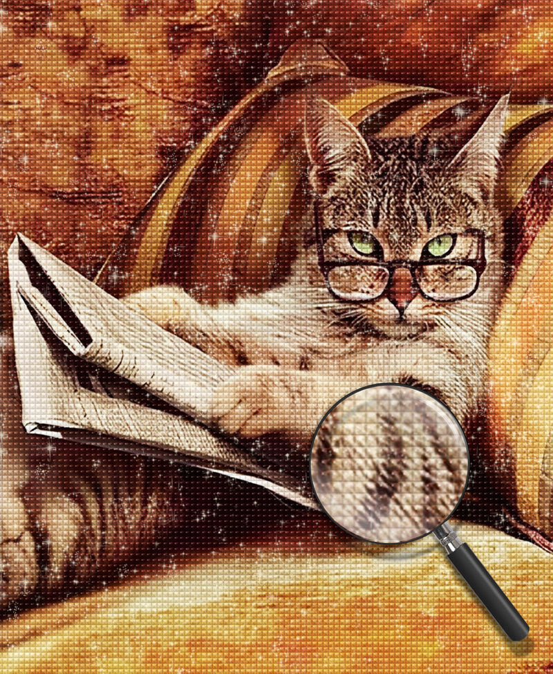 Chat Lit le Journal Broderie Diamant